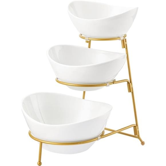 3Tier Bowl Set with Metal Rack, Ceramic Fruit Bowl Serving, Tiered Serving Stand - Picture 1 of 6